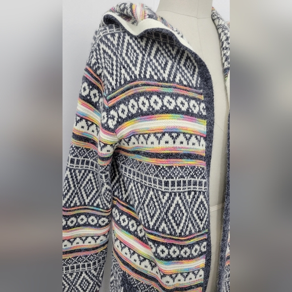 Monteau Los Angeles Hooded Intarsia Knit Duster Cardigan Front Pockets Size M - Picture 2 of 9